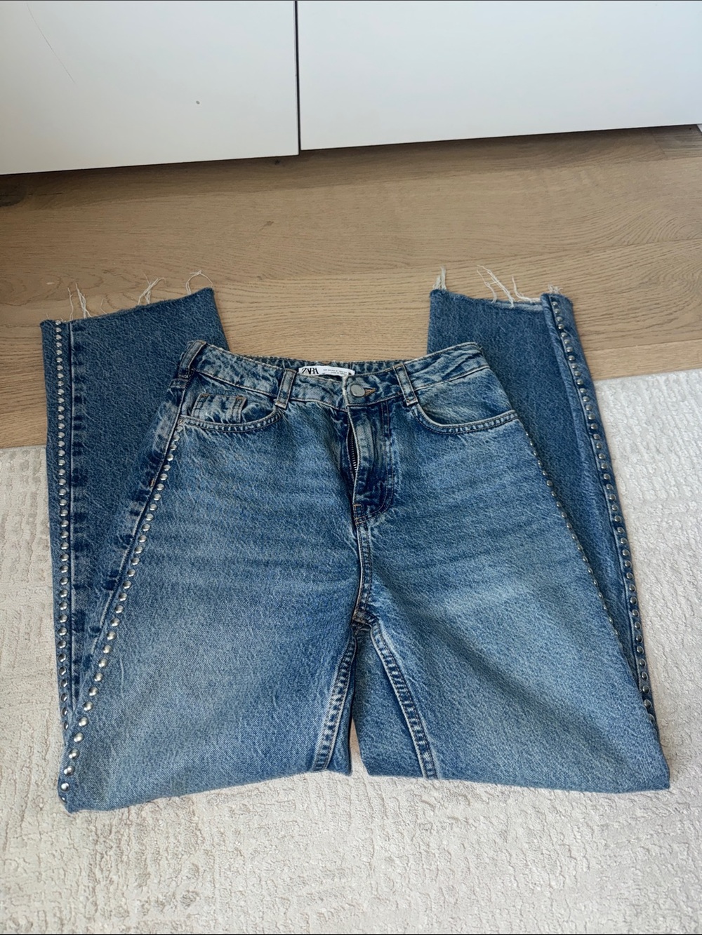 Zara Medium Blue Stud-Trim Straight Leg Jeans